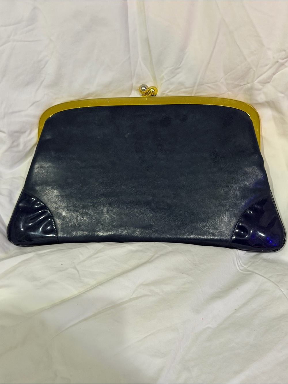 Navy Leather Frame Clutch with Gold Kiss-Lock